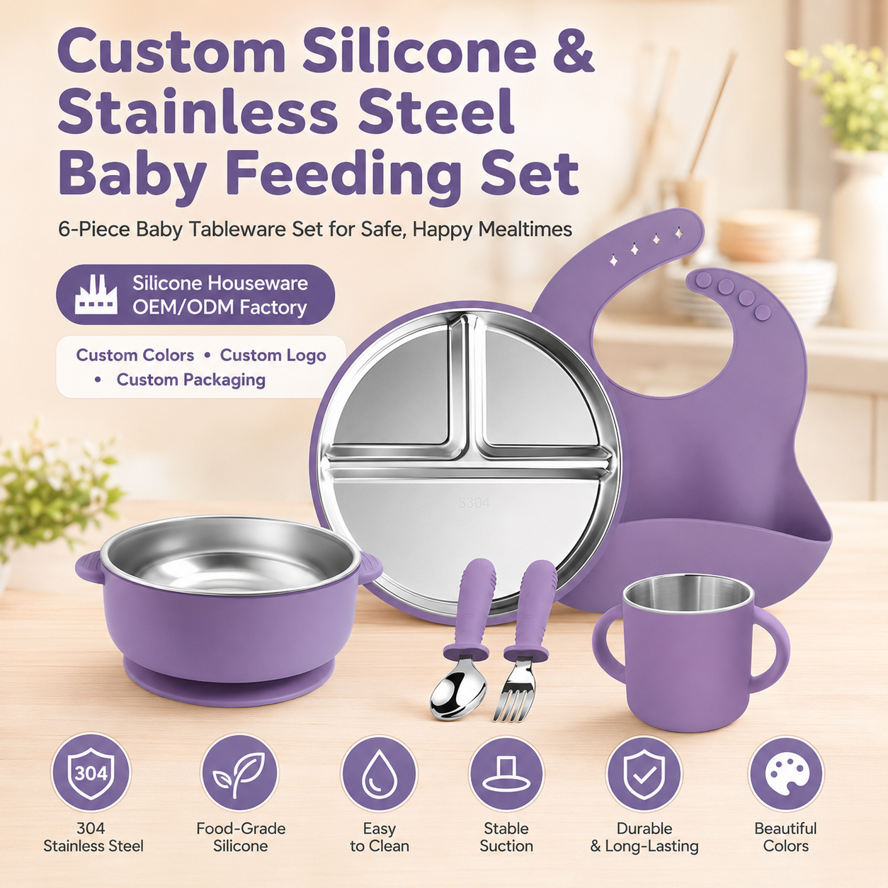 Portable 6-Piece Silicone Baby Feeding Set with Deep Divided Plate & Bib